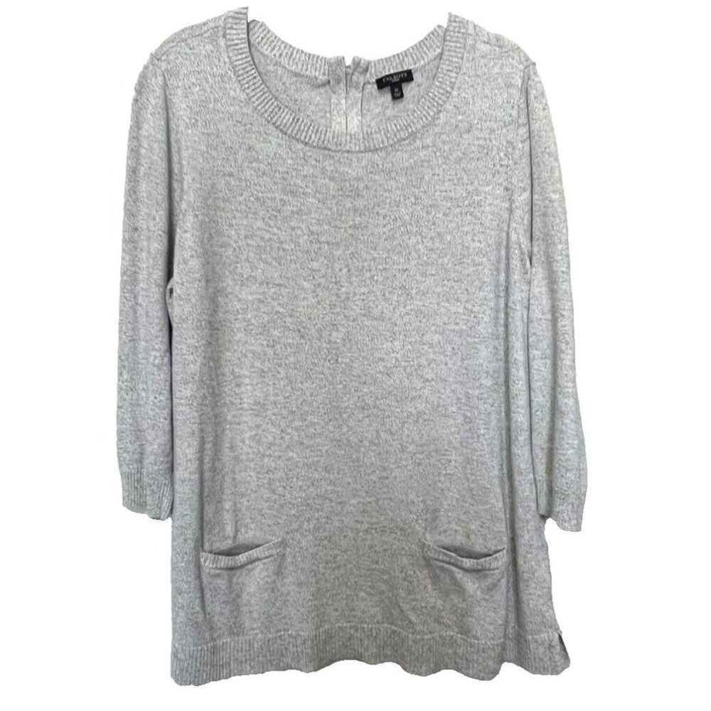 Talbots Womens Sweater 1X Gray Tunic Pockets Back Zip Long Sleeve Knit Top Shirt